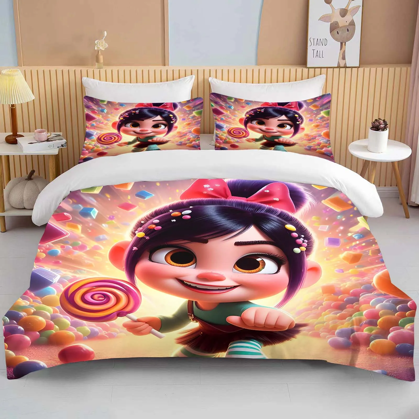 10 Sizes Disney Vanellope Princess Print Bedding Set 3PC 1 Duvet Cover 2 Pillowcases Adult and Children Bedding Set Luxury Gift