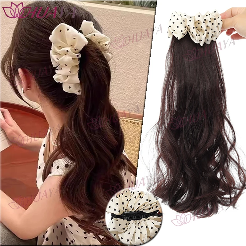 Perruque queue de cheval à nœud à pois avec pince, extension de cheveux synthétiques longs ondulés, postiche à clip facile pour femme, usage quotidien et rendez-vous