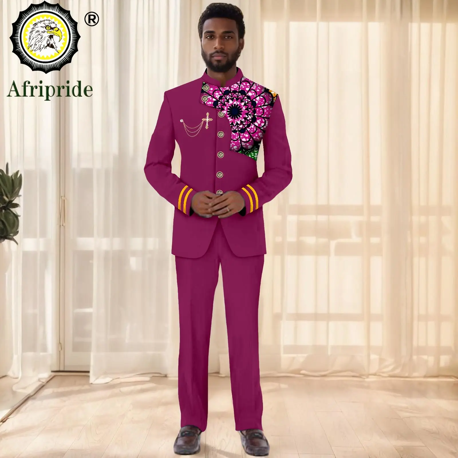 

African Suits for Men Slim Fit Embroidery Single Breasted Print Brooch Blazer and Pant Set Formal Outfits Dashiki Attire 2516005