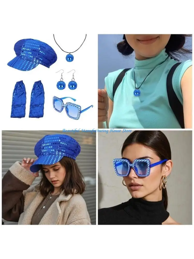 

E56A 70s Costume for Women Disco Outfit Glasses Earrings Leg Warmers Halloween Accessory