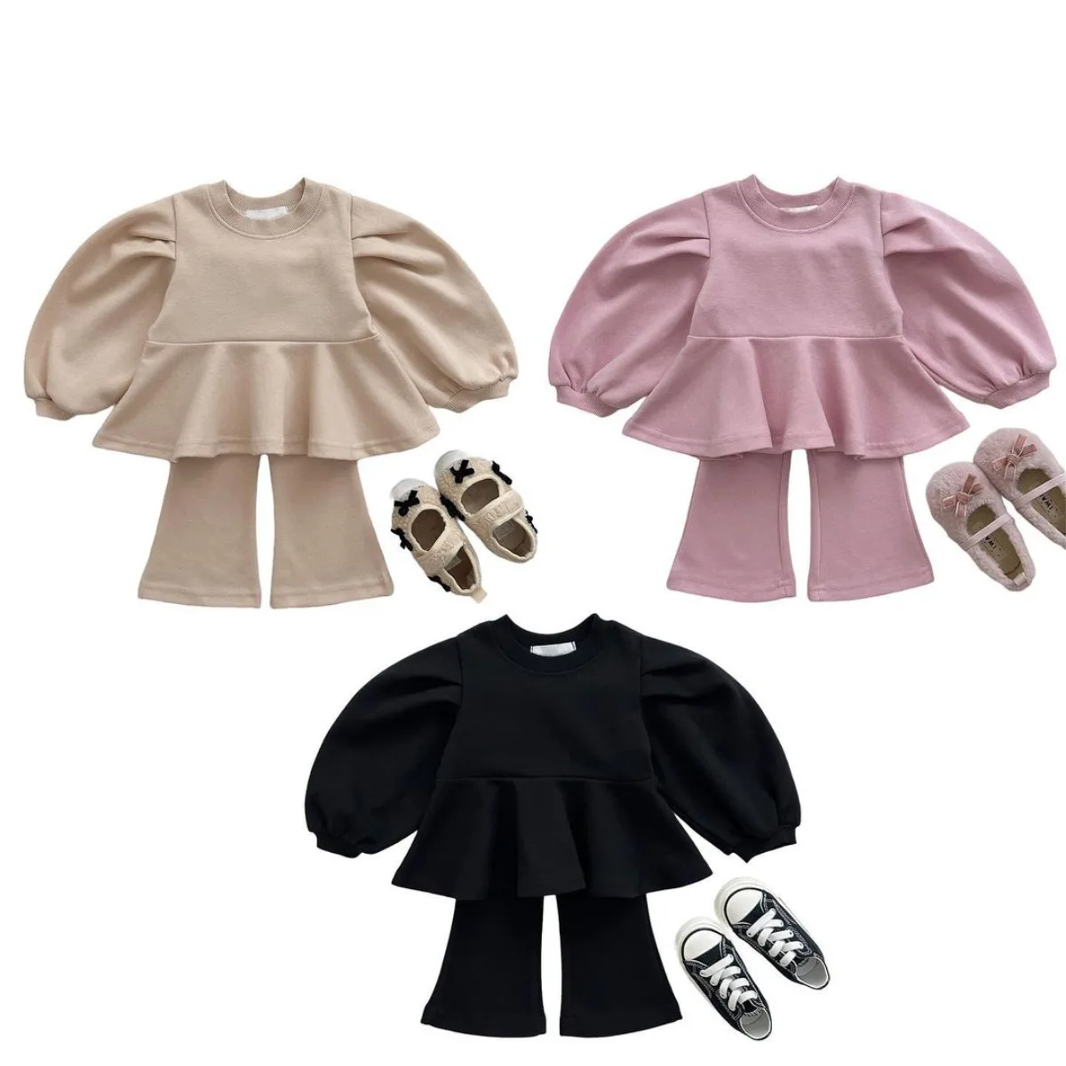 2024 Spring Girl Baby Solid Casual Puff Sleeves Tops + Flared Pants 2pcs Fashion Cotton Children Sweatshirt Suit Kids Tracksuit