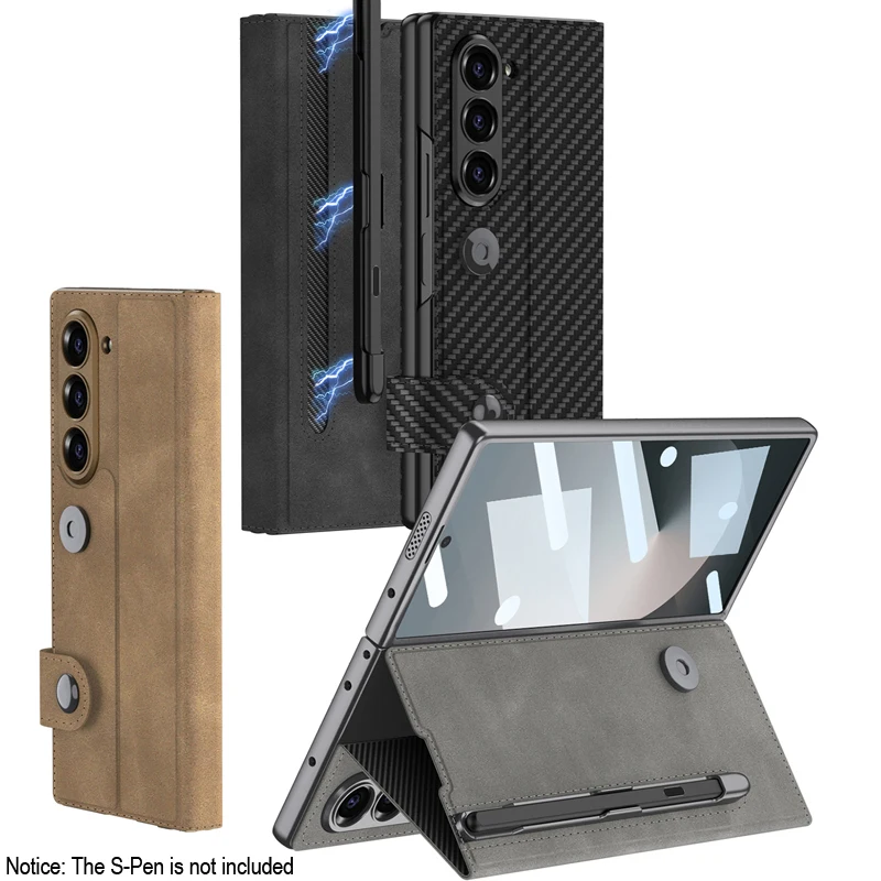For Samsung Galaxy Z Fold 6 Case Vintage Leather Folding Stand Cover with Tempered Glass + Magnetic Pen Slot For Z Fold6