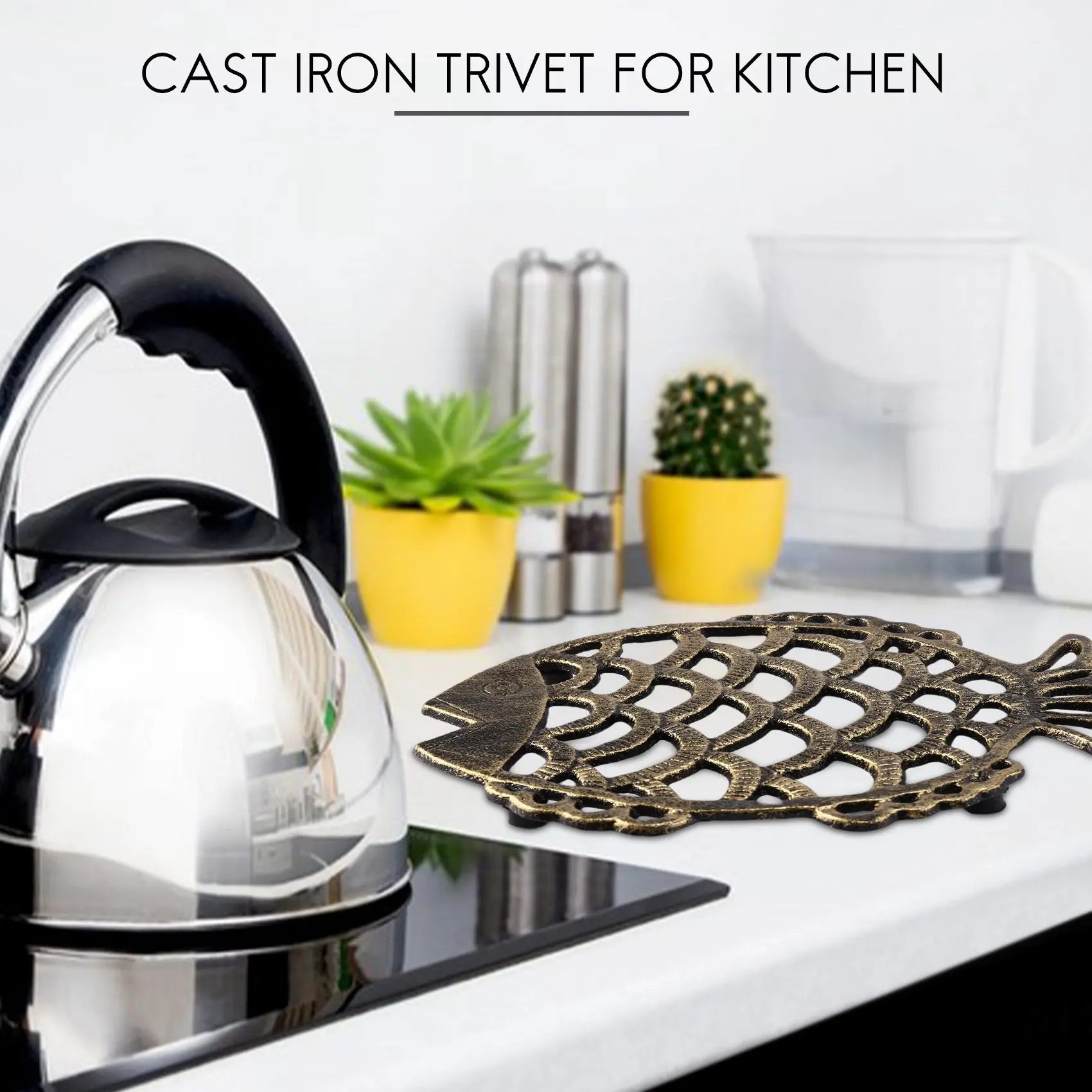 2026 + ركيزة سمكة من الحديد الزهر، نمط عتيق مزخرف مقاس 7.5 × 6 بوصة لأواني الطبخ والأطباق الساخنة بأقدام مطاطية