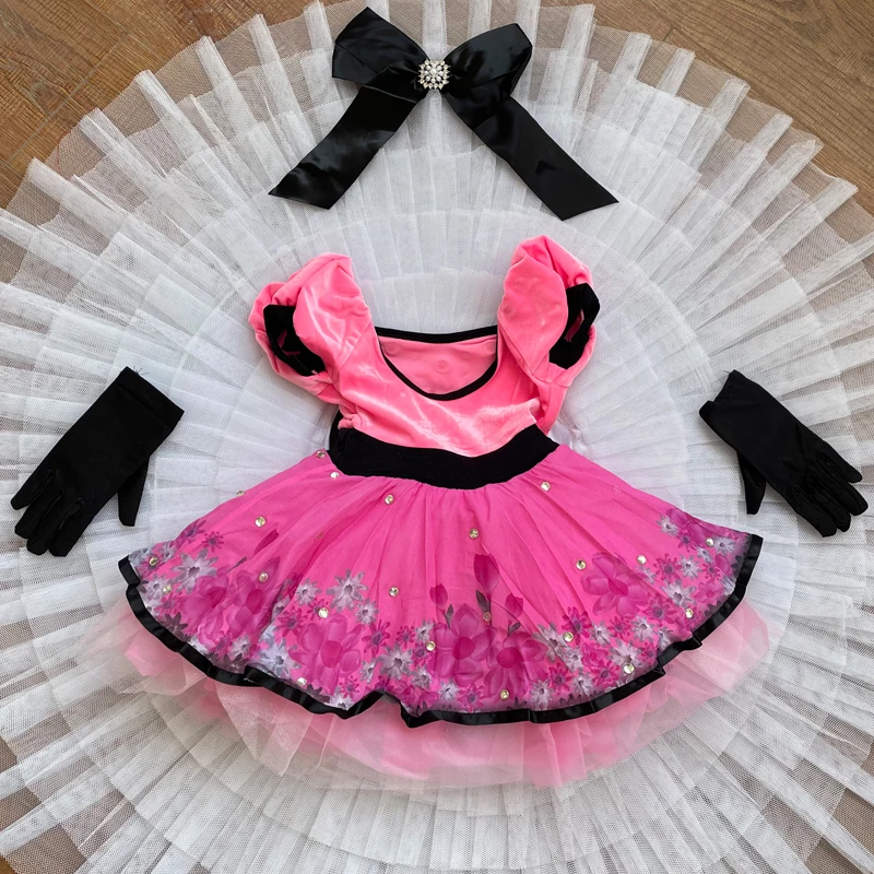 Ballet Girl Pink Velvet Tutu Dress Rhinestone Bubble Sleeve Performance Costumes Floral Mesh Tulle
