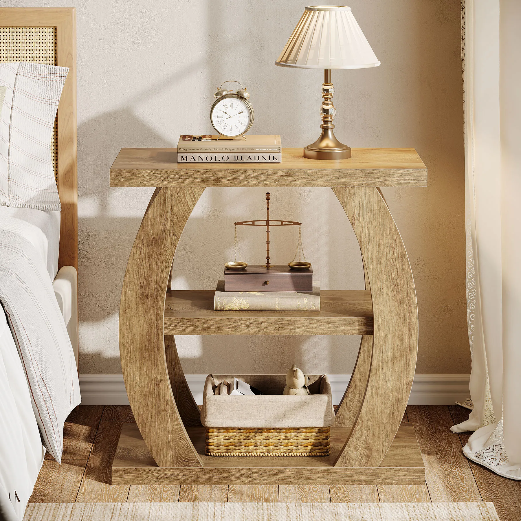 Tribesigns End Table for Living Room, 3-Tier Narrow Side Table with Storage, Farmhouse Wooden Beside Table with Geometric Frame, Tall Nightstand for Bedroom, Small Spaces, Natural Oak image 2