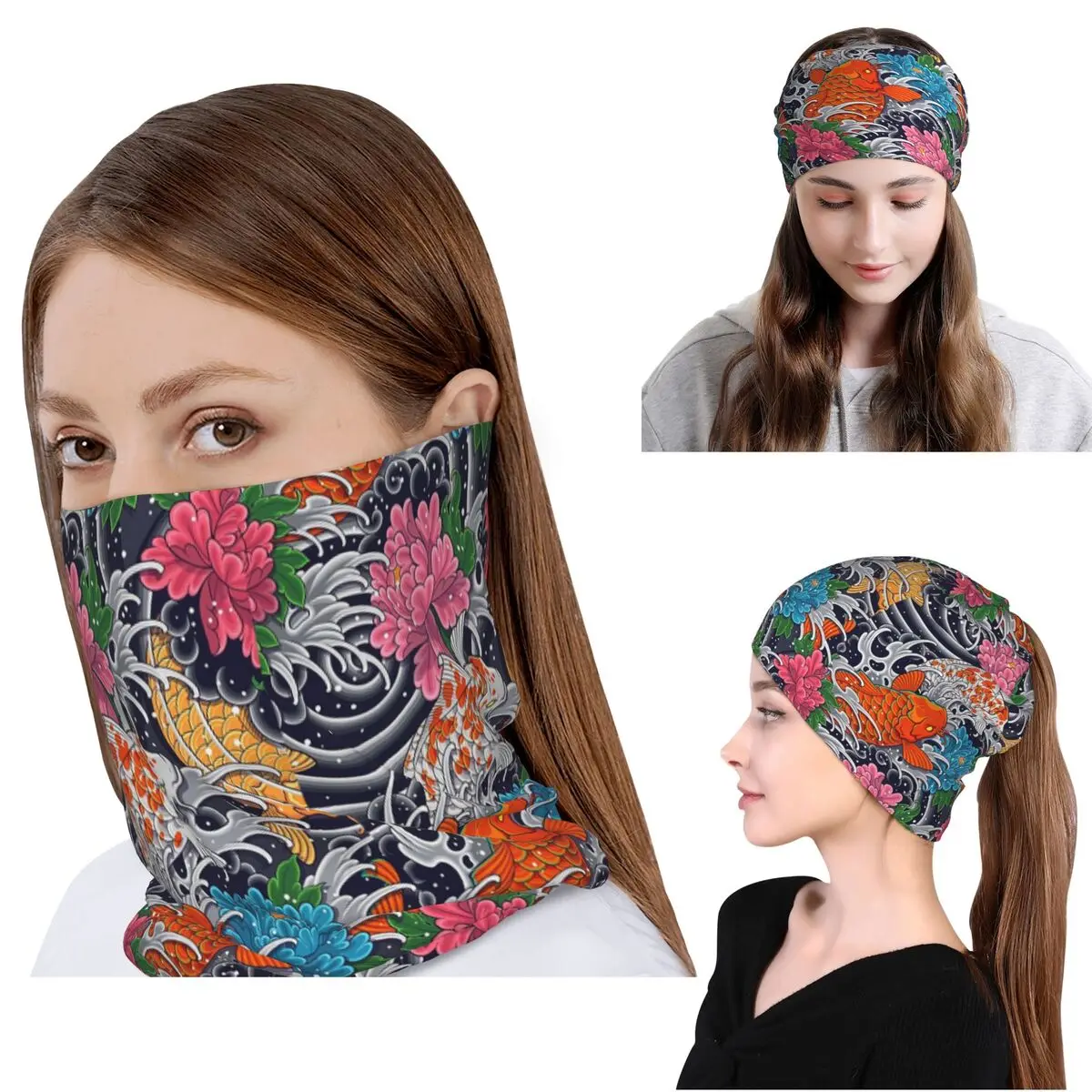 

Бандана с рисунком рыбок кои и цветочным узором, волшебный шарф, многофункциональная балаклава, шапка-бини, унисекс, для взрослых, моющаяся.