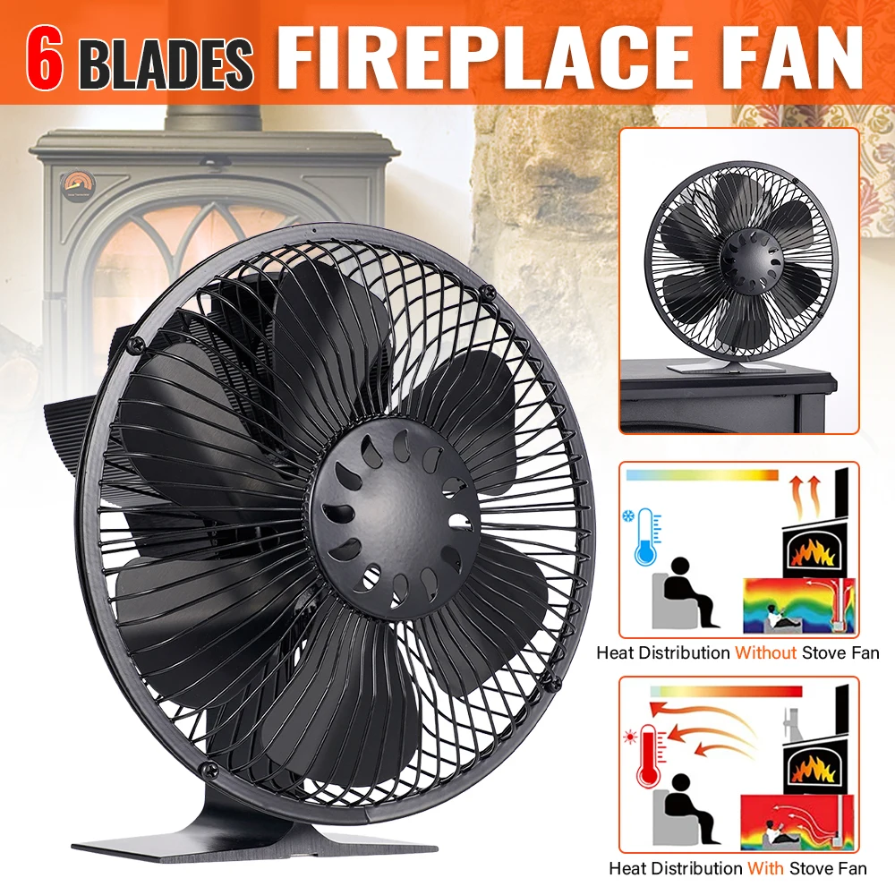 6-flügeliger wärmebetriebener Ofenventilator mit Abdeckung, Holzbrenner für Holzscheite, umweltfreundlich, großes Luftvolumen, Kaminventilator, effiziente Wärmeverteilung