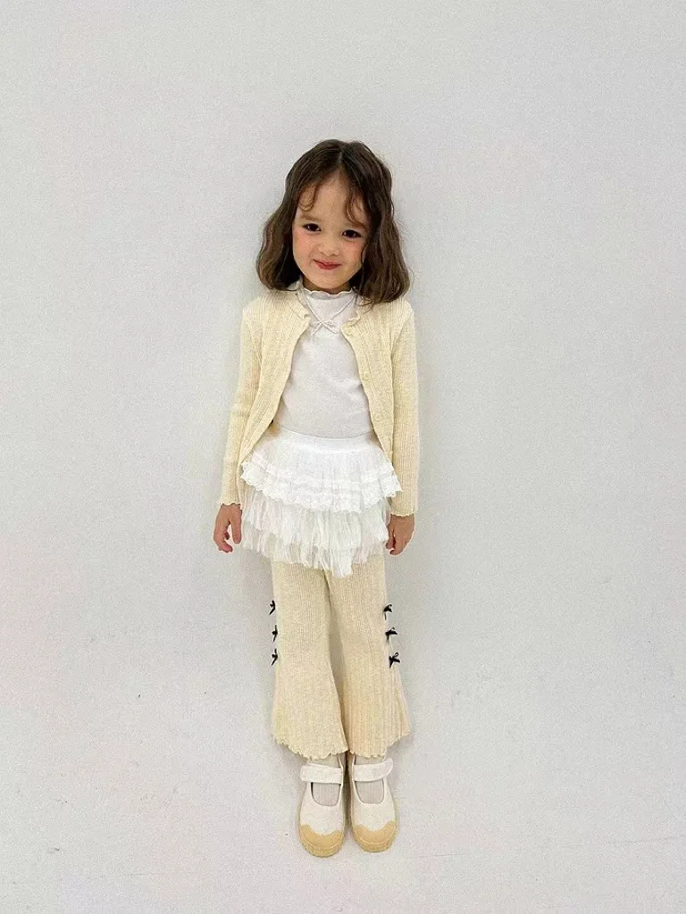 Spring New Children Long Sleeve Bow Ribbed Set Baby Girl Solid Cardigan + Flared Pants 2pcs Suit Cotton Kids Soft Casual Outfits