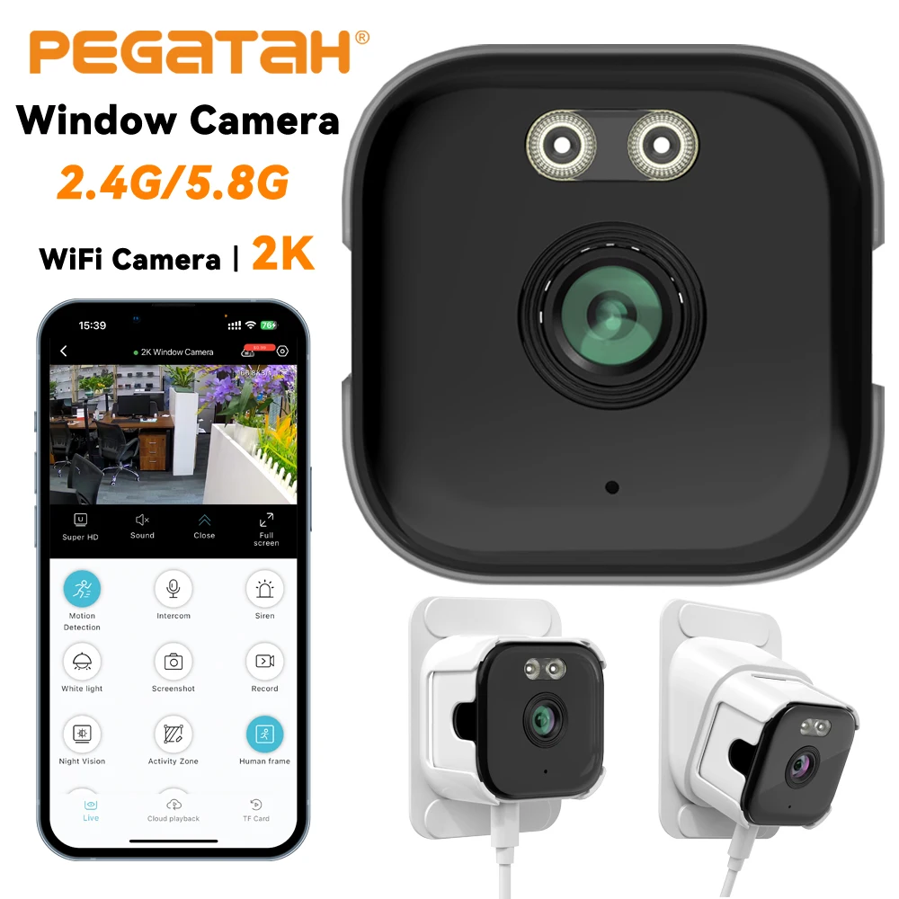 كاميرا نافذة ذكية PEGATAH 2K Alexa، 2.4G&5.8G WiFi، كشف الإنسان بالذكاء الاصطناعي، رؤية ليلية كاملة الألوان، سحابة مجانية، صوت ثنائي الاتجاه