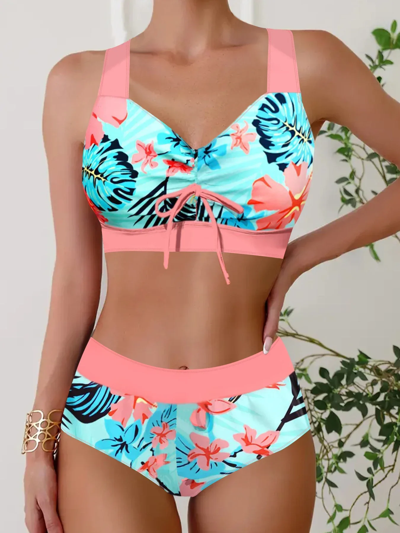 High Quality and Comfortable Summer Women's Swimwear Fashion Vacation Pink Cherry Blossom Print Swimsuit Two-piece Set S-6XL