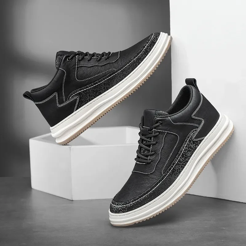 Genuine Leather High Quality Mens Sneakers Fashion Lace-Up Male Elevator +6cm Casual Shoes New All-match Skate Footwear