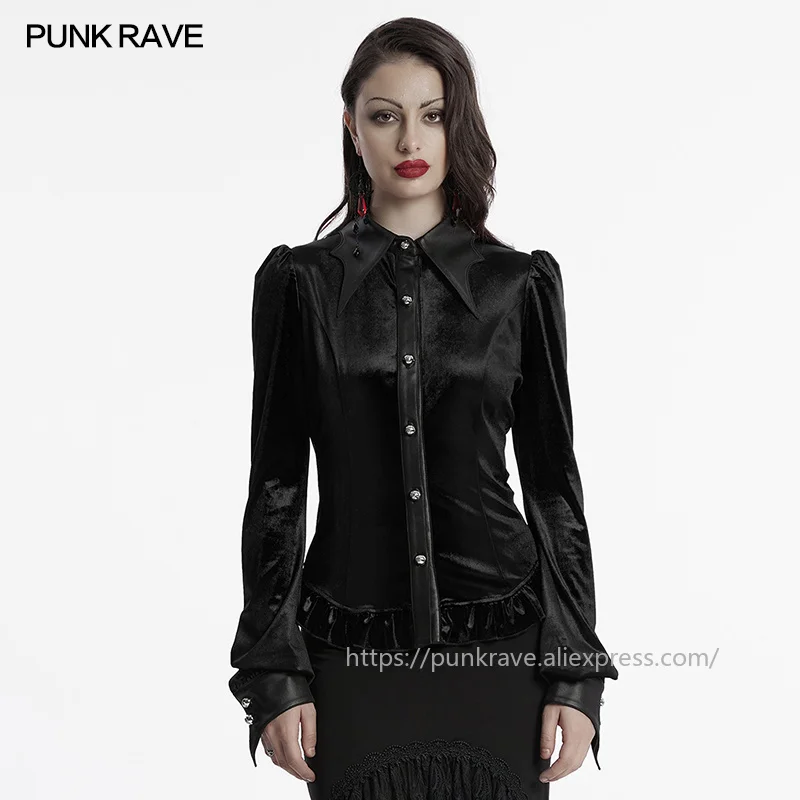 PUNK RAVE Women's Gothic Bat Collar Exquisite Carved Floral Patterns Velvet Shirt Adjustable Waist Ruffled Edges Hem Tops