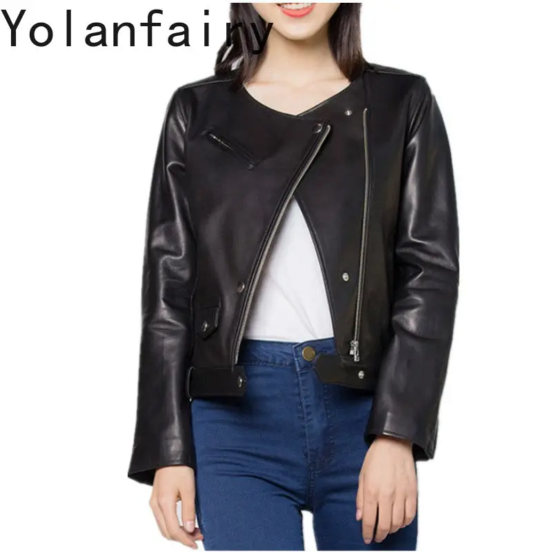 YOLANFAIRY Top Layer Sheepskin Genuine Leather Jacket Women 2026 Autumn 100% Real Leather High Quality Round Collar Coat Female