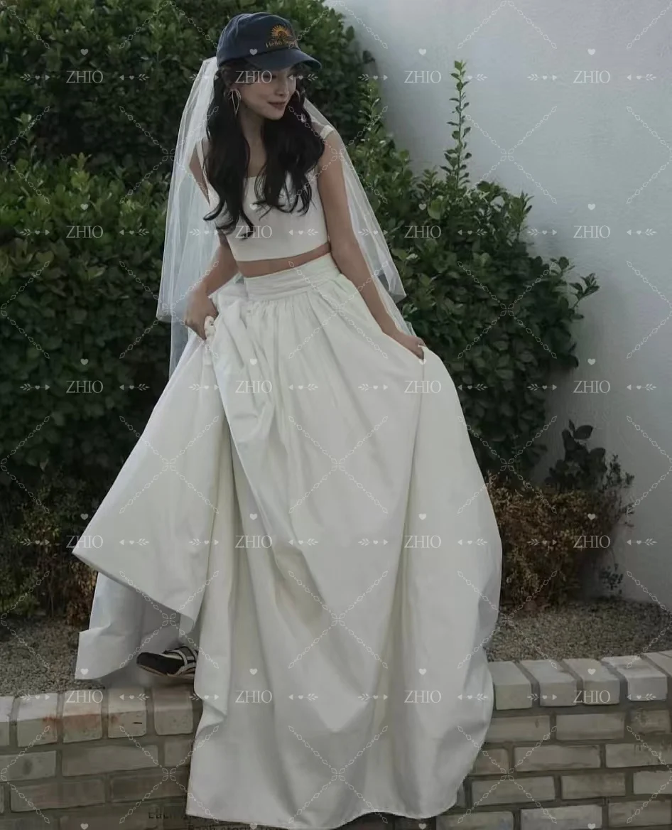 ZHIO Simple 2PCS Wedding Party Dress Spaghetti Straps Ivory Satin A-Line Korea Photo Shoot Bridal Reception Gown Customized