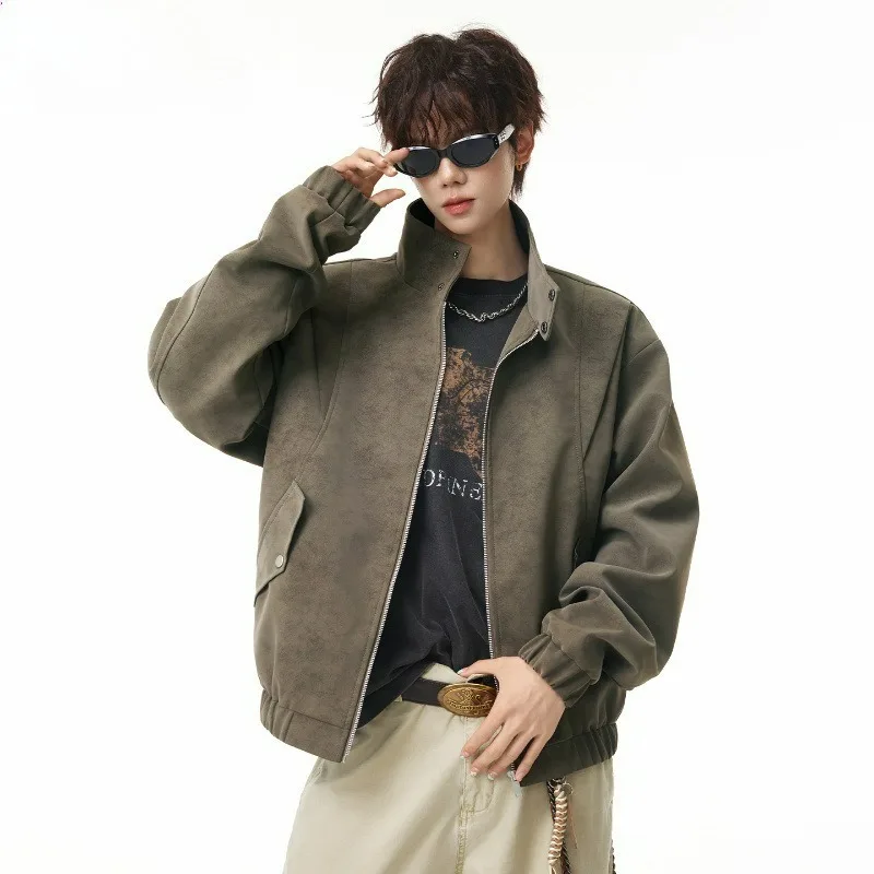 A Retro Aged Three-dimensional Patchwork Fashion Jacket for Men, A Trendy American Stand-up Collar Motorcycle Jacket for Autumn