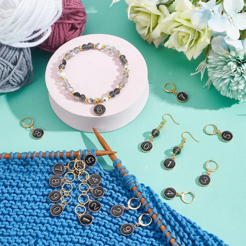 1 Pcs 0-9 Number Knitting Row Counter Chains and 10 Pcs Stitch Markers Alloy Enamel Stitch Marker for Knitting Weaving Sewing
