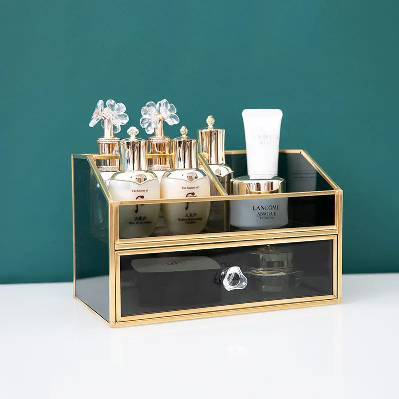 custom. [Light Luxury Black Glass] High-end Luxurious Cosmetic Storage Box Glass Dressing Table Desktop Drawer-style Skincare Pe