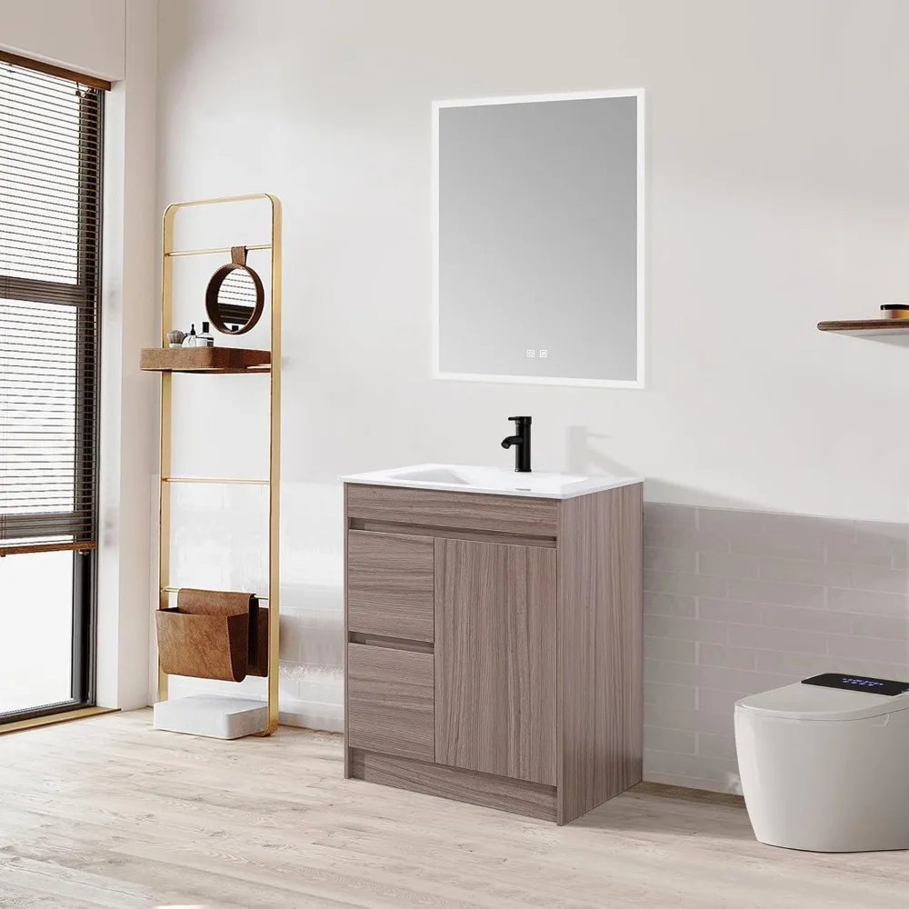 Vaidade de banheiro de 30 polegadas com pia undermount, armário de madeira grossa, portas e gavetas com fechamento suave