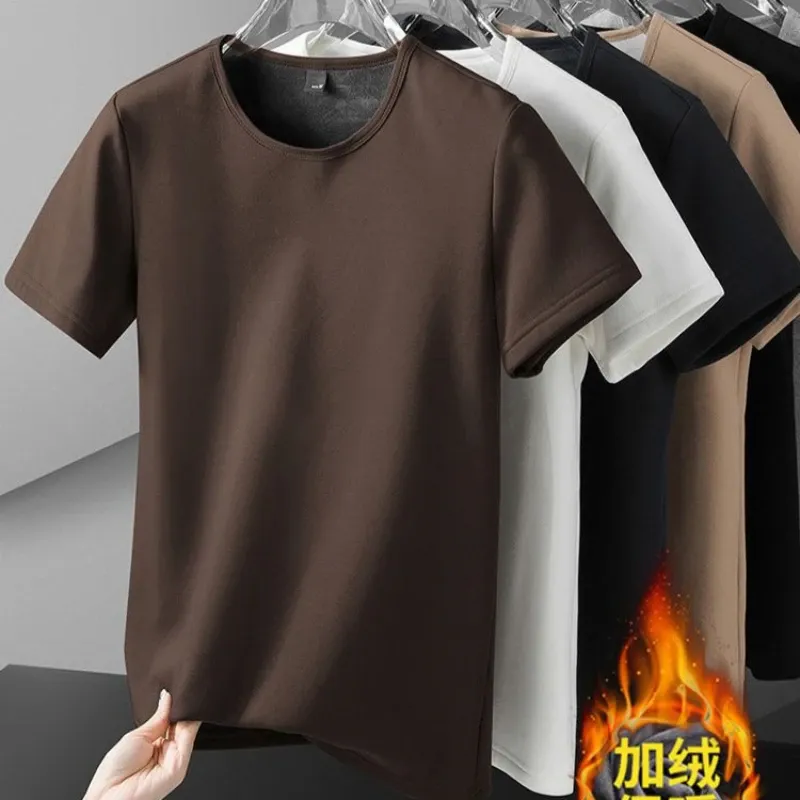  Men Thermal Underwear Tops Fleece Thickened Short Sleeve Slim Round Neck Bottom Shirt Velvet Comfortable Warm Solid Pullover 