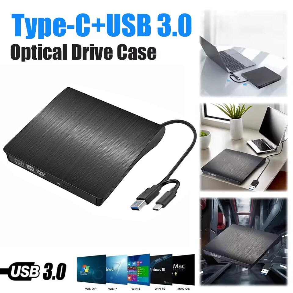 Boîtier de lecteur 12.7/9.5mm USB 3.0 Type C SATA externe DVD CD-ROM RW lecteur lecteurs optiques boîtier pour ordinateur portable PC de bureau