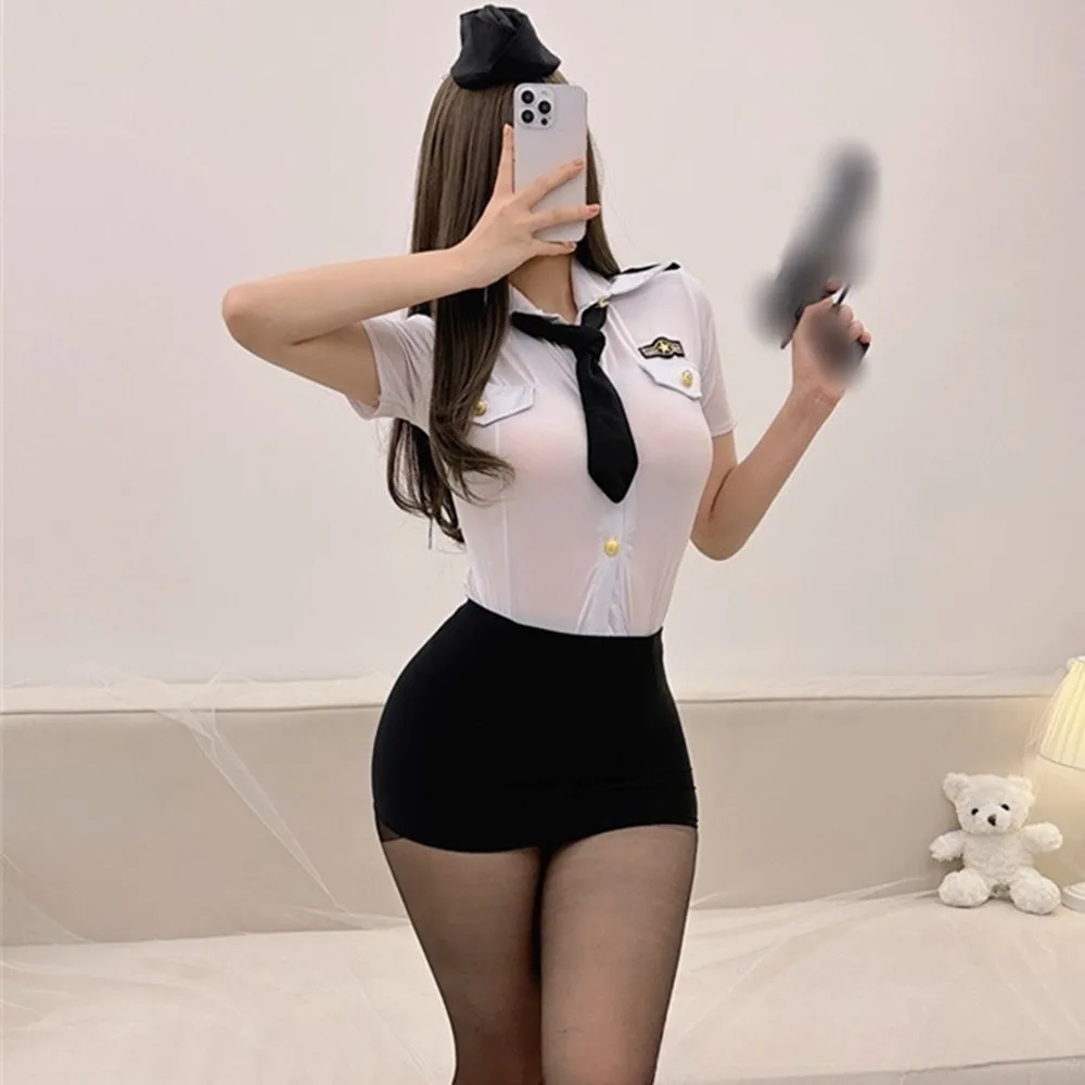 Uniforme de Police de Cosplay, Tenue de Policière, Chemise Blanche, Robe Courte Noire, Ensemble de Costume de ix, Tenue Féminine Adulte 7.0