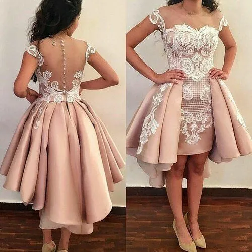 Dusty Pink Satin High Low Homecoming Dresses 2020 Cocktail Party Club Wear White Appliques Short Graduation Prom Dress