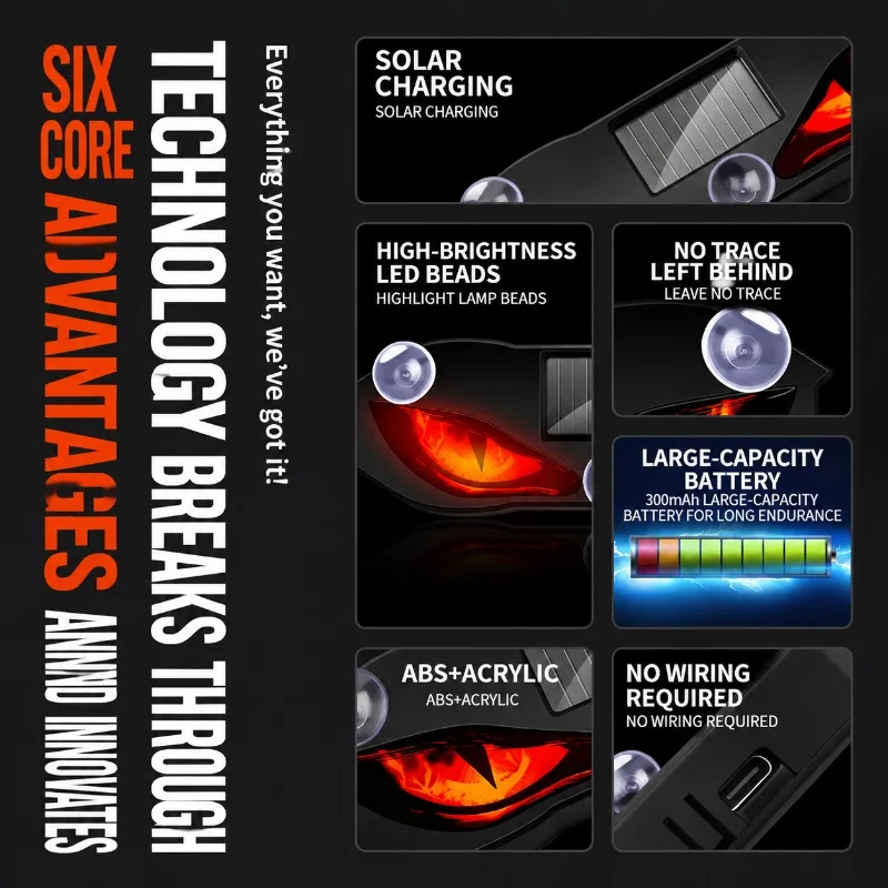 Hot‑Sale Solar‑Powered Dynamic Demon‑Expression LED Warning Lamp Suction‑Mount Wireless Vehicular Eye‑Pattern Luminaire