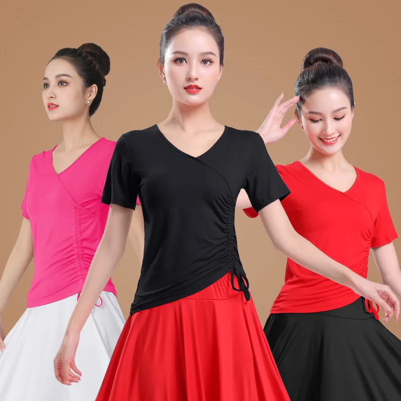 Square dance clothing new drawstring short sleeved long sleeved top dance practice suit group social dance dance dance clothing