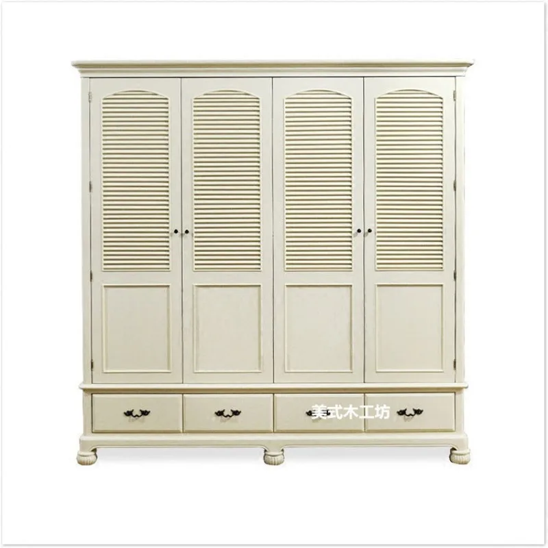 American country bedroom four-door wardrobe louver large capacity wardrobe French retro old ivory white locker