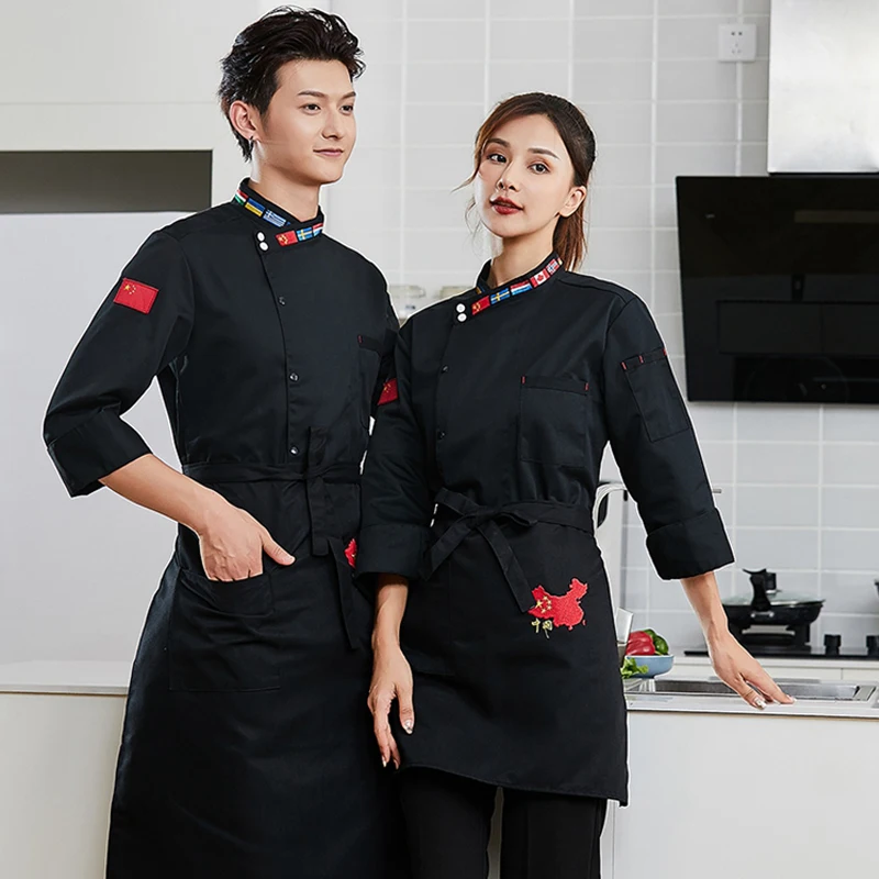 ฤดูใบไม้ผลิ Chef Uniform ร้านอาหารผู้หญิงห้องครัวแจ็คเก็ตโรงแรม Mens Cook เสื้อผ้า Bakery Cafe Waiter และ Bartender ทำงานเสื้อ