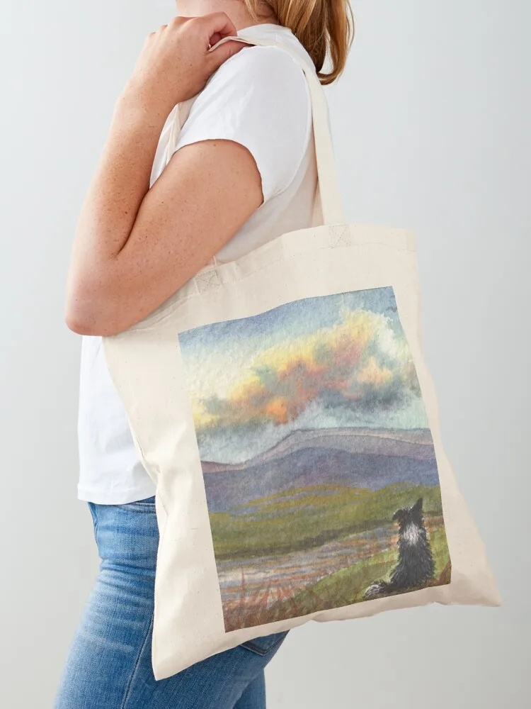 

Border collie dog meditates on the hills and mountains before him Tote Bag large size bags foldable reusable bag