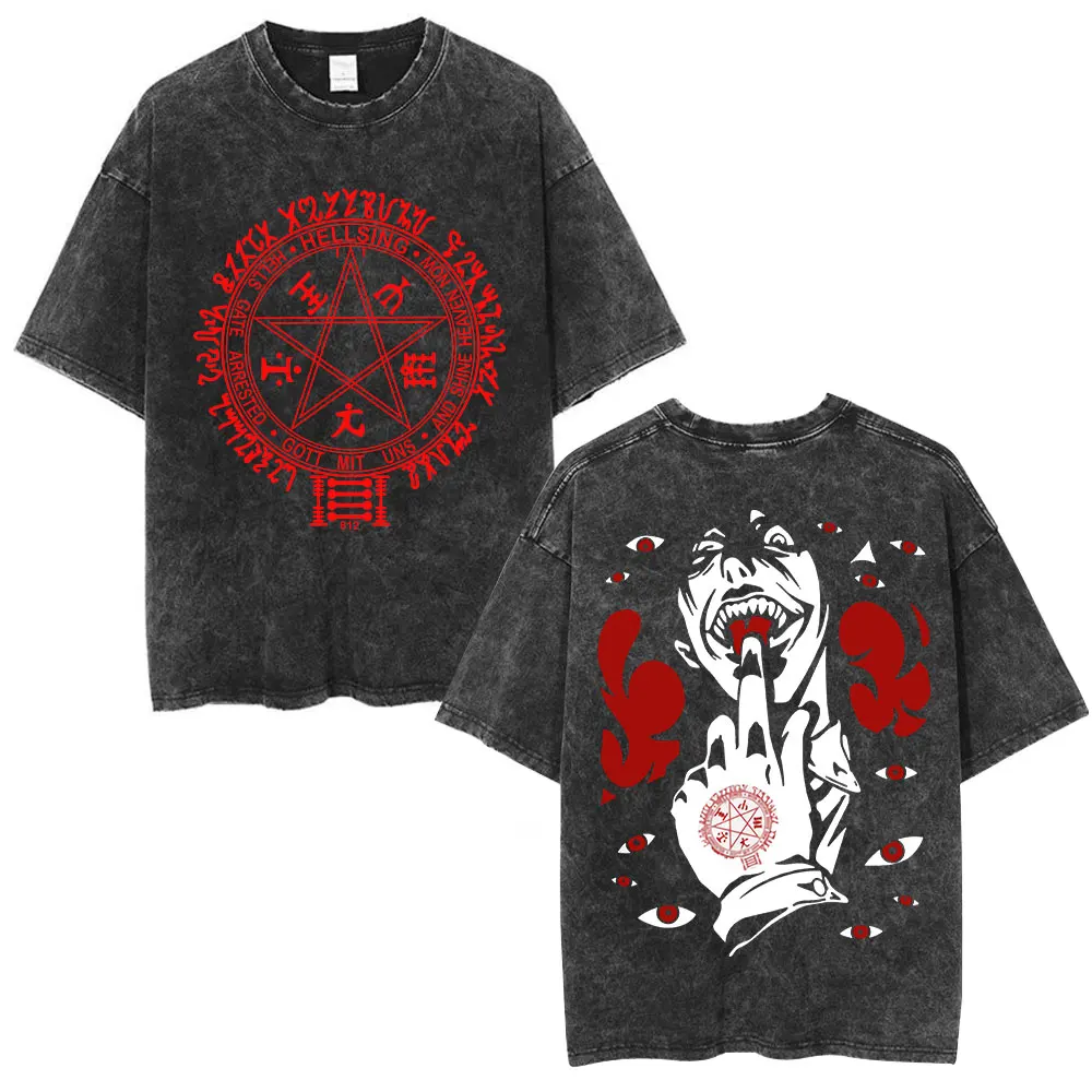 Custom Washed Vintage Anime Hellsing Abraham Van Helsing Vampire Alucard T-shirts Men's Clothing Oversized Cotton Short Sleeve T