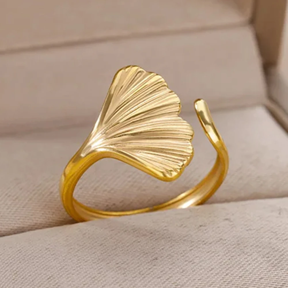 Ginkgo Biloba Leaf Rings For Women Gold Color Stainless Steel Open Ring Female Wedding Party Finger Jewelry Gift 2024 New Trend