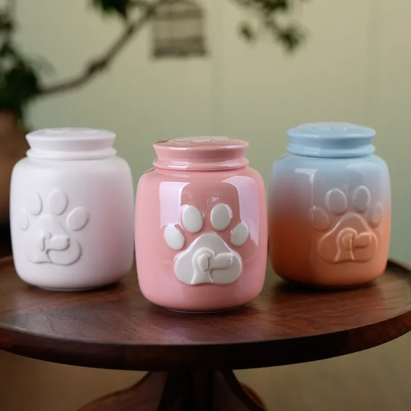 Ceramic Pet Urn Large Dog Cat Memorial Ashes Container Paw Embossed Cats Dogs Ash Box Pets Remembrance Funeral Keepsake Jar