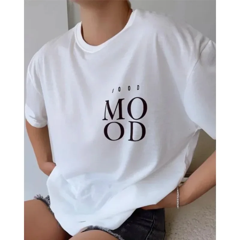 Mood letter printed fashion T-shirt women soft casual loose short sleeve summer cotton breathable large size holiday Y2K tshirt