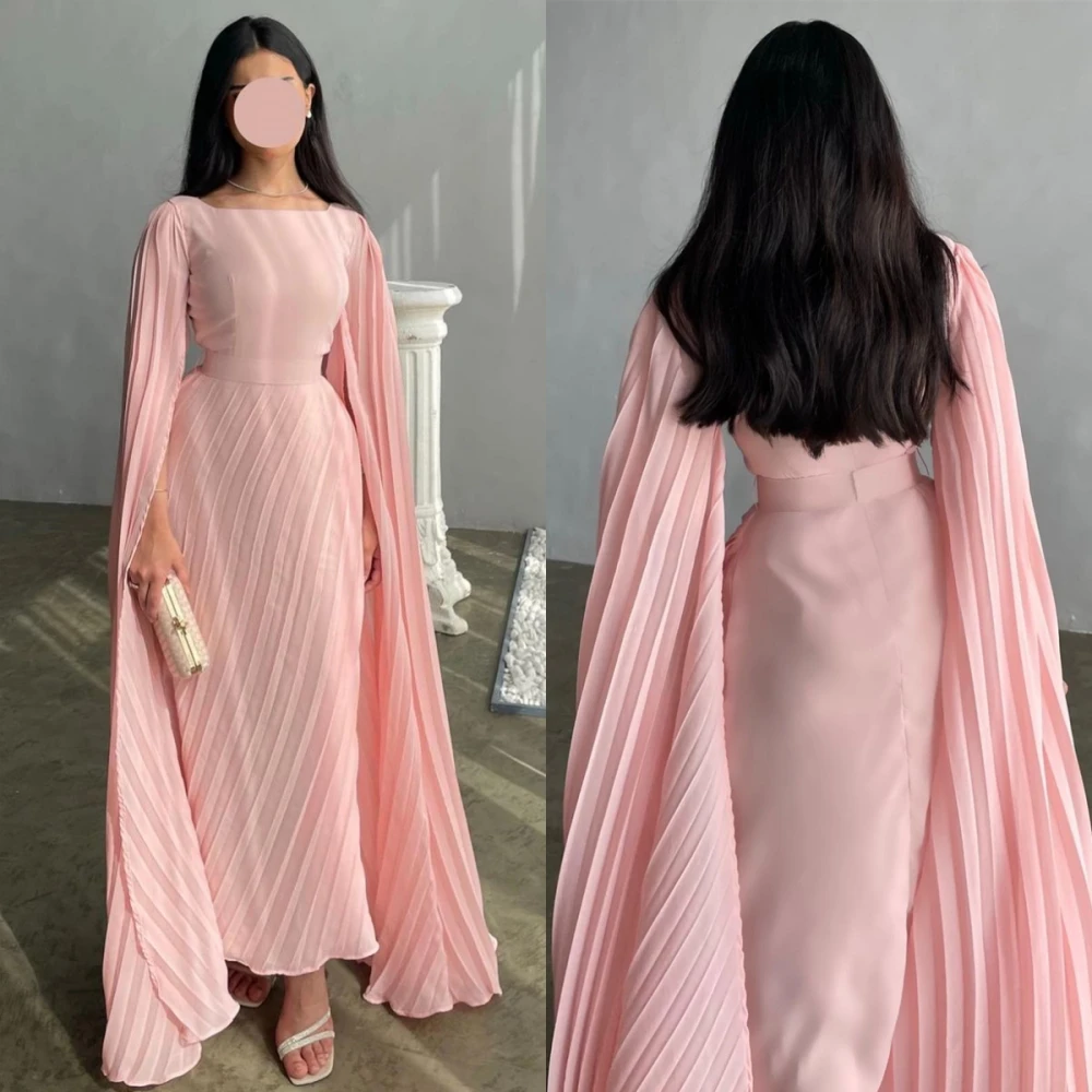 

Tarot Dubai Pleated Chiffon Evening Dresses Long Sleeves A Line Square Collar Elegant Prom Dress Ankle Length Formal Party Gowns