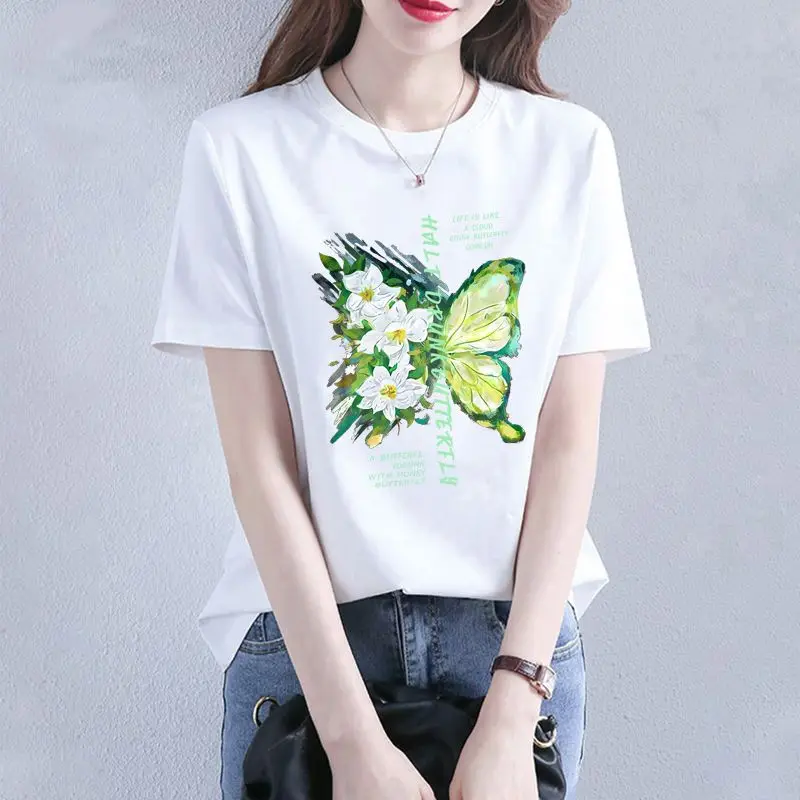 New Summer Women's Solid Colors O-Neck Short Sleeve Loose Thin Butterfly Printed Pullovers Trendy Comfortable All-match Tops