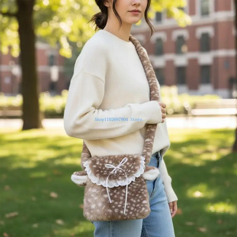 N7YF Borse a forma cervo da donna Borsa a tracolla in peluche Borsa per telefono Borse per animali