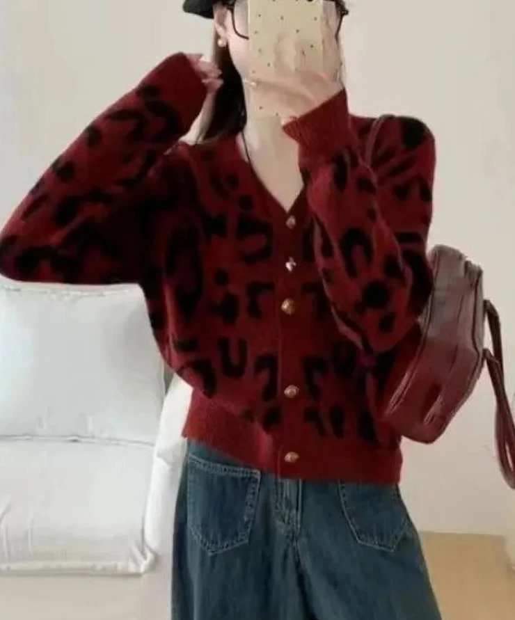 V-ausschnitt Strickjacke Jacken Leopard Print Alle Spiel Sueter Mujer Koreanische Pull Femme Mode Gestrickte Lose Pullover