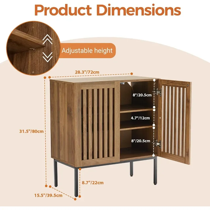 Grille Buffet Cabinet with Storage Sideboards 2 Doors with Metal Base and Adjustable Shelf for Kitchen Coffee Bar Dining Room
