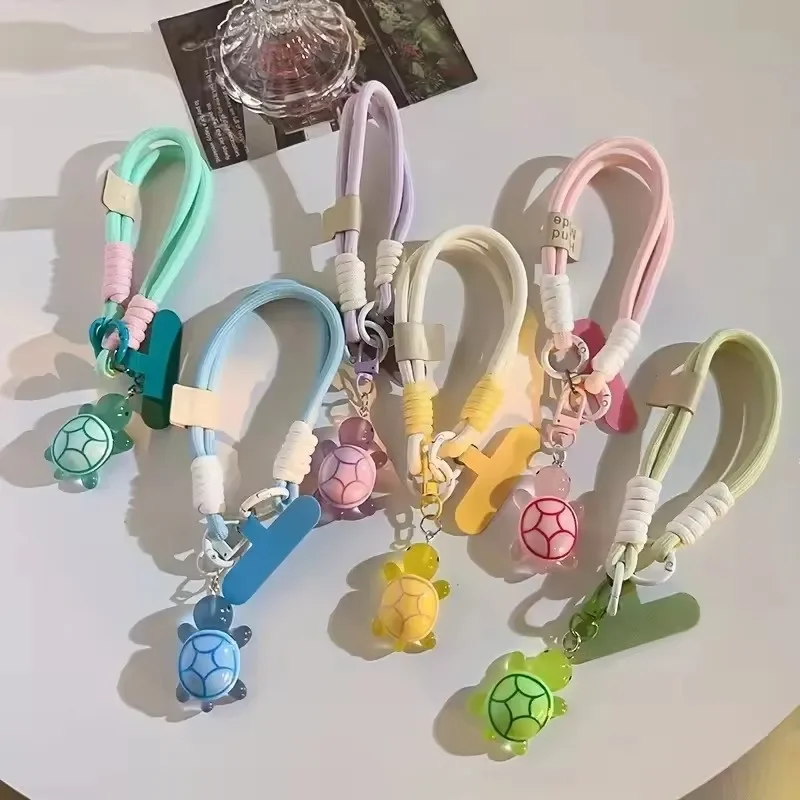 Correa de teléfono trenzada universal con diseño de tortuga de dibujos animados, cadena colgante con anillo y cordón con parche, correa de muñeca desmontable 2