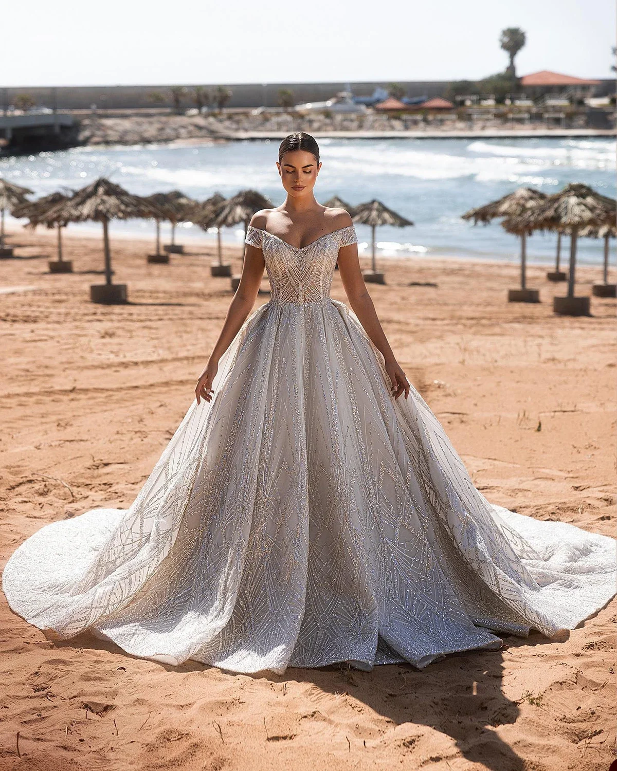 

Flavinke Customized A-Line Women Wedding Dresses Off-Shoulder Sequins Sleeveless Bridal Gown Slim Fit Sweep Train Dresses