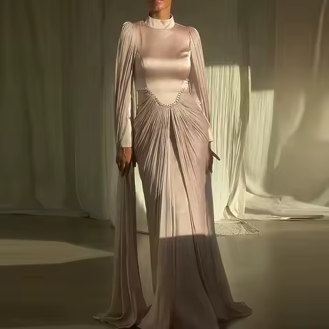 Fashion Loose Evening Dress Lady Spring Summer Stand Collar Pleated Party Dress Elegant Long Sleeved High Waist Irregular Dress