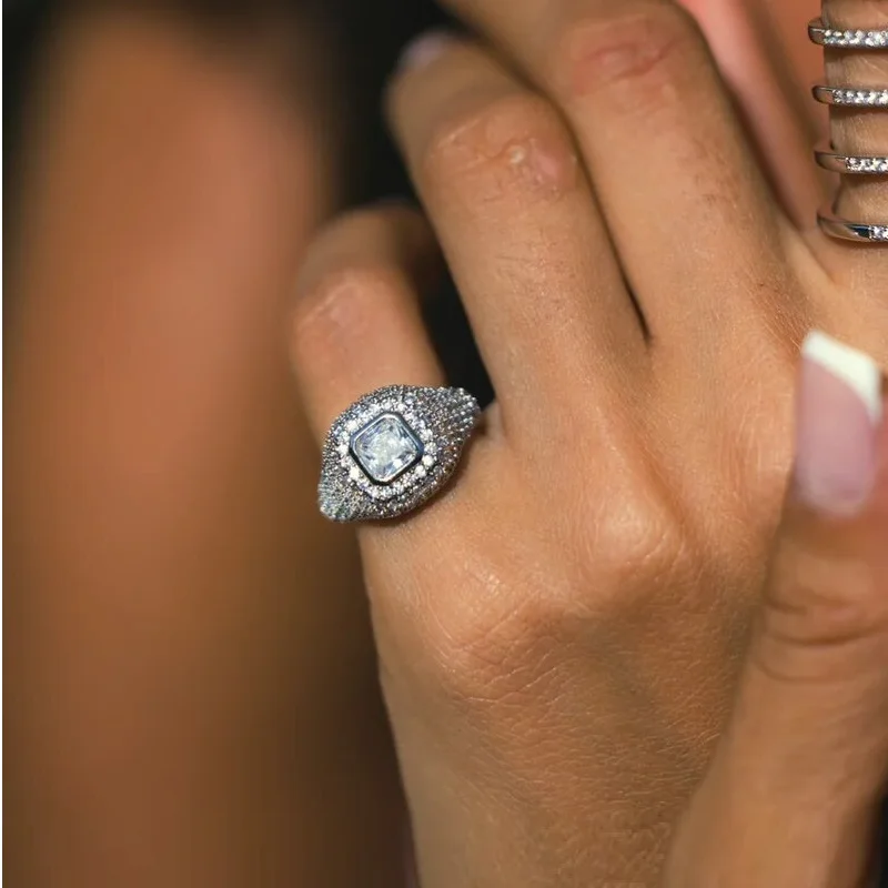 Silver Color Plated Micro Paved Sparking 5A CZ Geometric Square Cubic Zirconia Simple Pinky Ring For Women