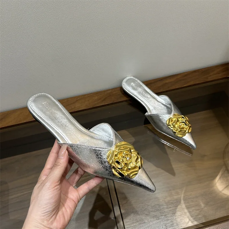 Pantoufles d'été à talons hauts et bout pointu pour femmes, chaussures à fleurs Sexy, chaussures de soirée à talons fins, Mules pour femmes