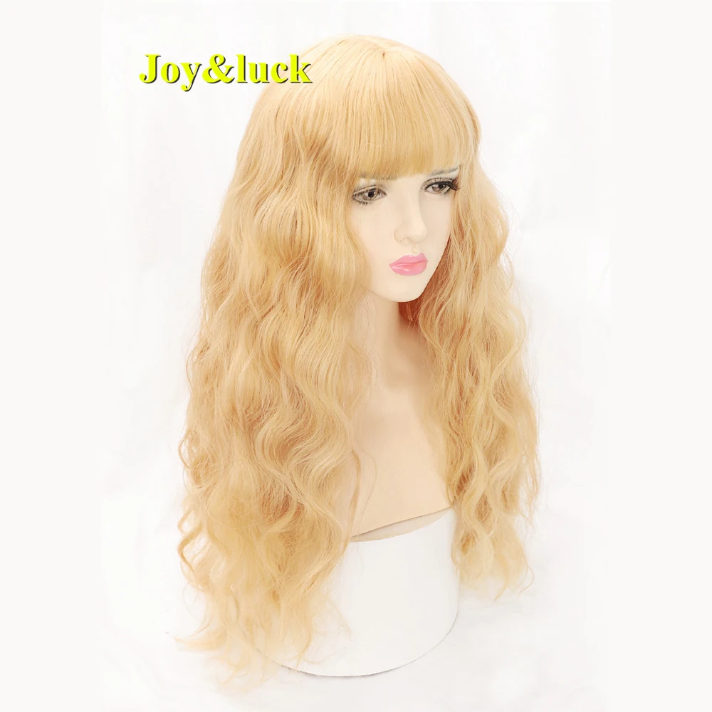 28 Inch Long Curly Wavy Wig With Bangs Women Yellow Synthetic Heat Resistant Hairpieces For Cosplay Halloween Party Daily Use