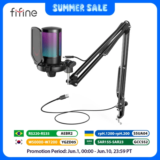 Zestaw mikrofonu do gier FIFINE USB do komputera PC, PS4/5 Zestaw mikrofonu pojemnościowego z przyciskiem wyciszenia/RGB/stojakiem na ramię, do strumieniowego przesyłania wideo-A6T