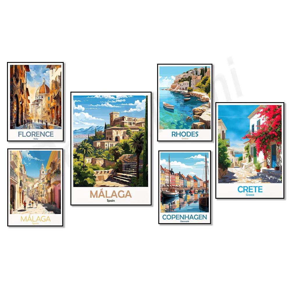 Pósteres de viaje de Lanzarote, Creta, Copenhague, Valletta, Malta, Florencia, Rodes, Grecia, Málaga, Positano, Italia, Berlín, Alemania