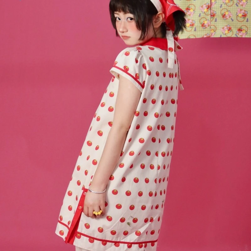 Original Design White Fruit Print Women's Short Dress 2025 Summer New Splicing New Chinese Doll Collar Cheongsam Dressses Ladies