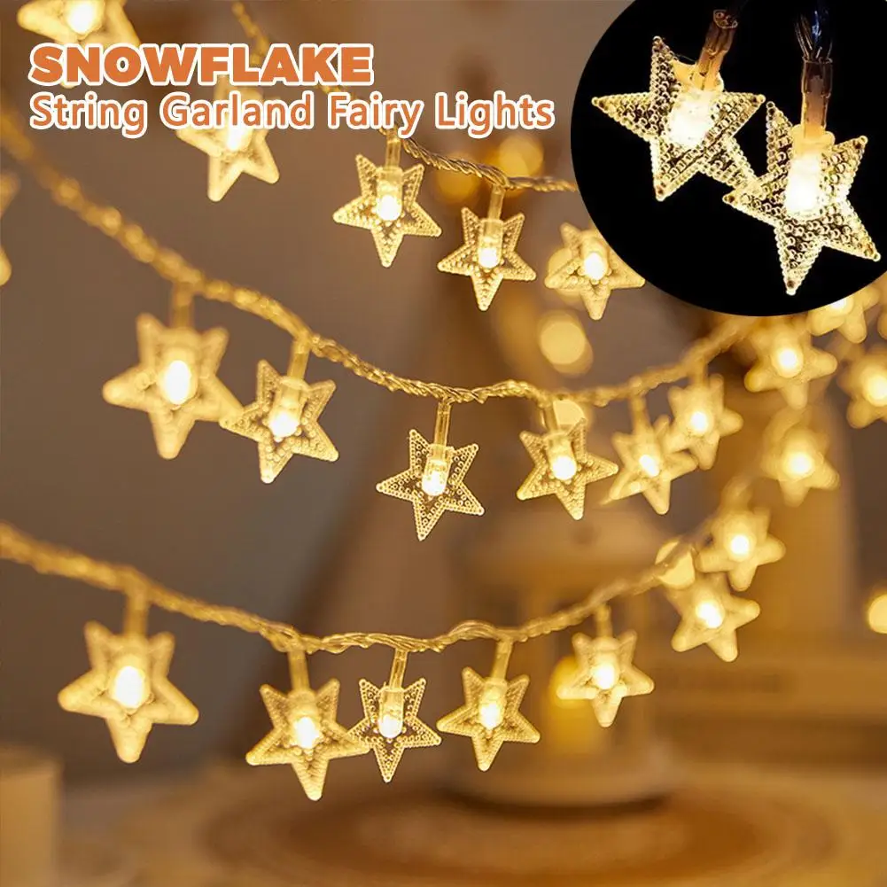 Guirnalda de luces LED con forma de copo de nieve y estrella navideña de 3m, iluminación decorativa colgante para interiores y exteriores, lámpara de ambiente de hadas para fiesta en el jardín